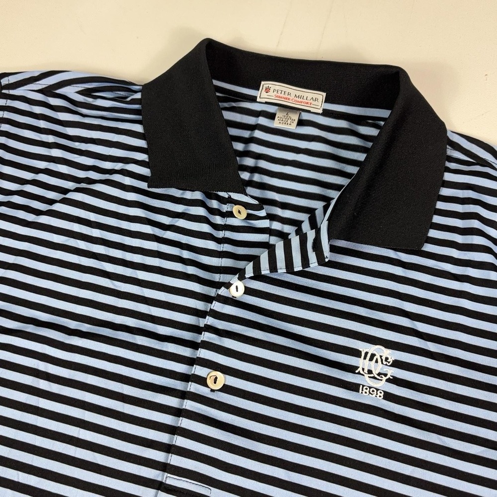 Peter Millar Polo Mens Large Blue Black Striped Summer Comfort Golf Short Sleeve